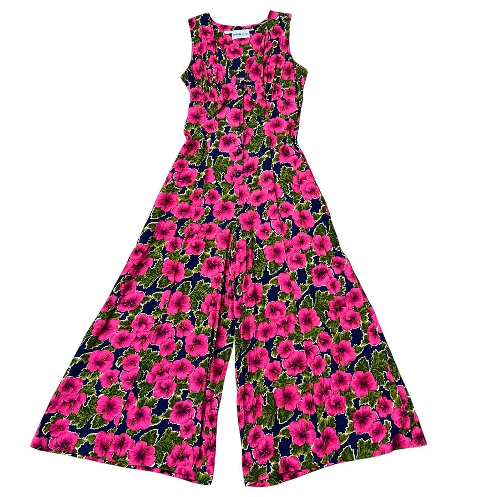 80s 90s Vintage Floral Wide Leg Jumpsuit Flowy Pink Blue Button Front Retro Boho